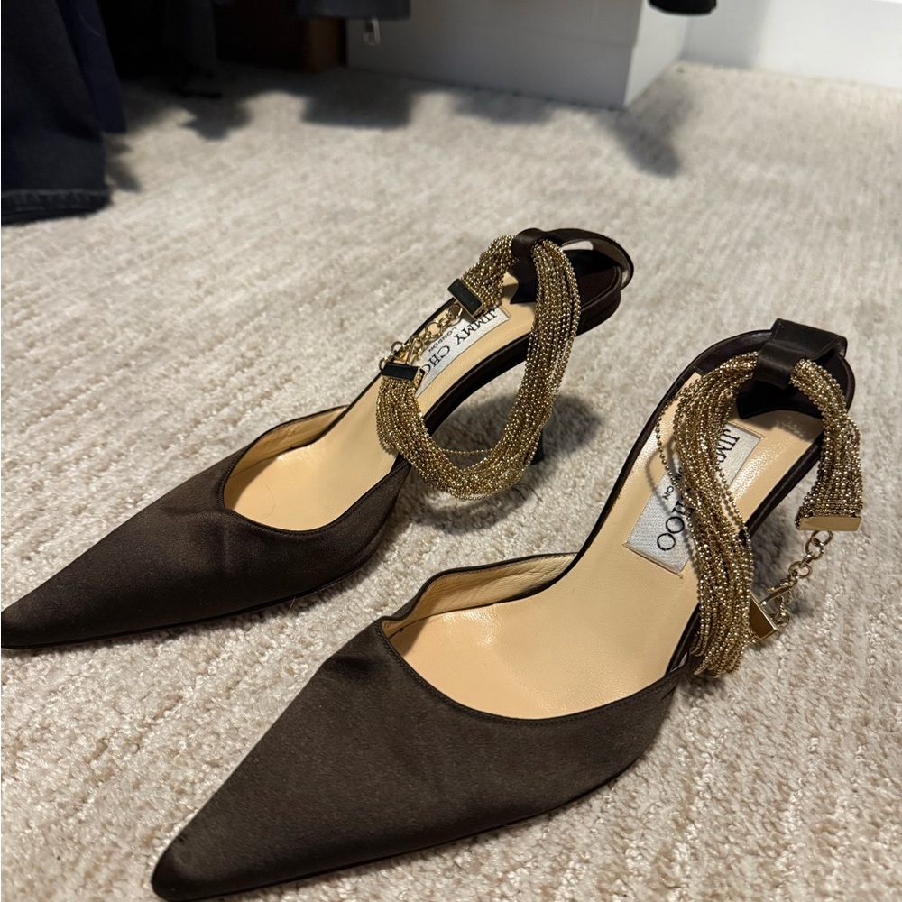 Jimmy Choo Brown and Gold Heels with Pointed Toe